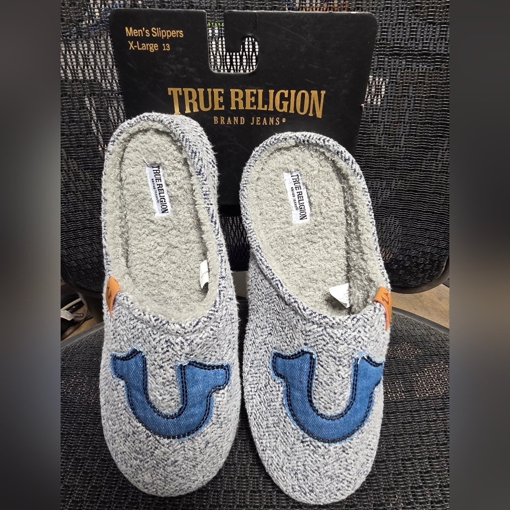 True Religion Gray and Blue Men's Slippers
